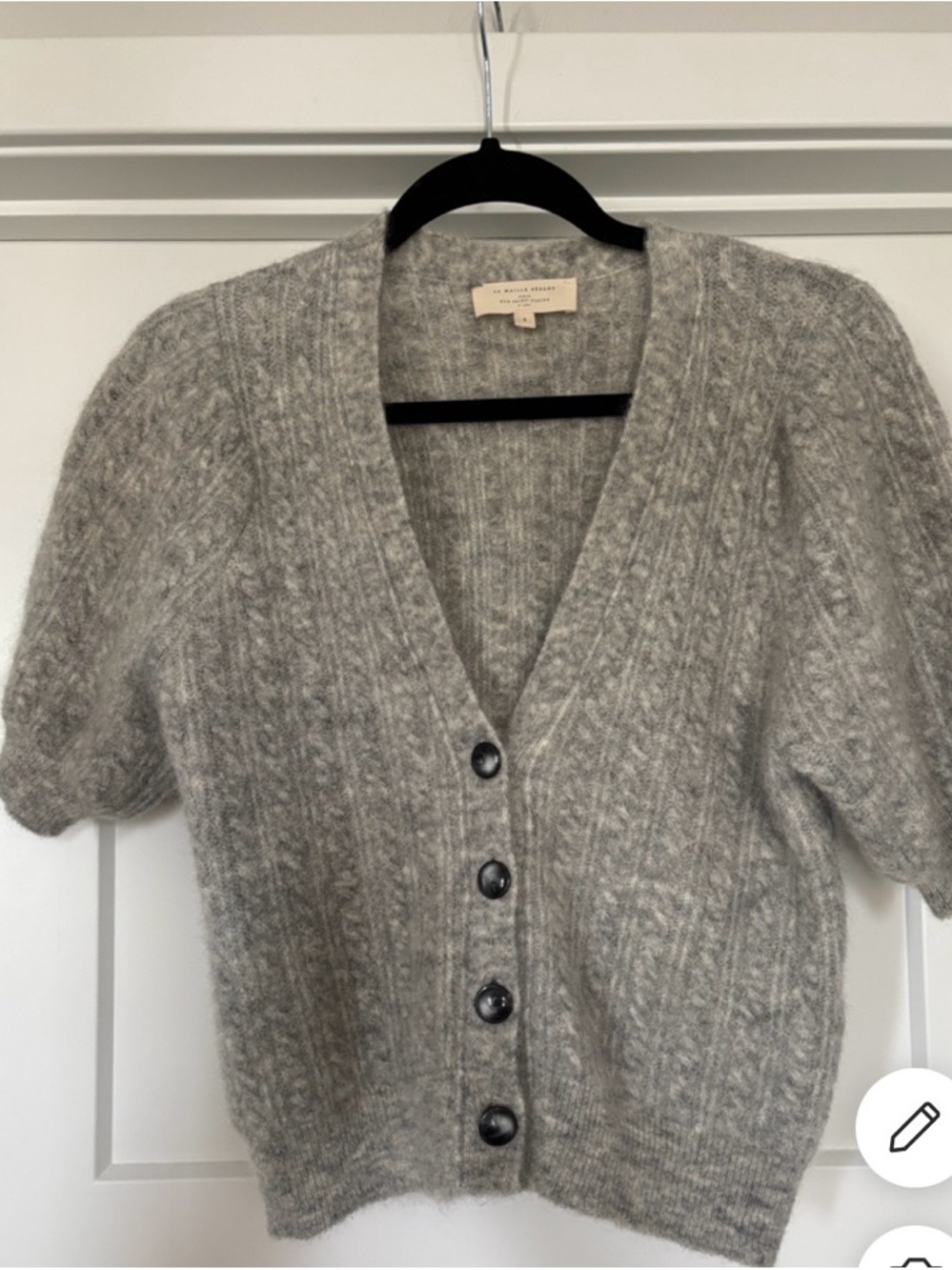 Sezane Perrine Cable Knit V-Neck Short Sleeve Sweater Cardigan